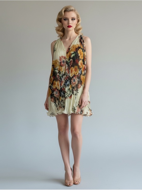 Roberto Cavalli Dresses & Skirts - Roberto Cavalli Silk Cream Floral Pleated V-Neck Mini Swing Dress